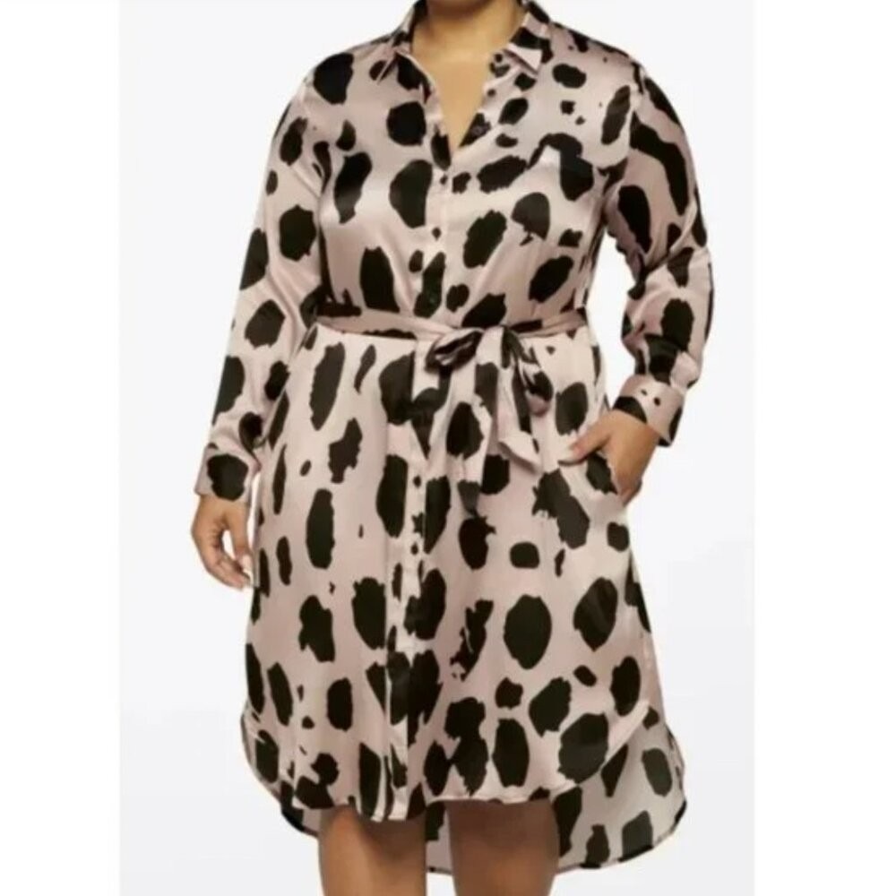 MEGAN RENEE Satin Size M Black and Pink‎ Animal Print Button-Up Silk Shirt Dress